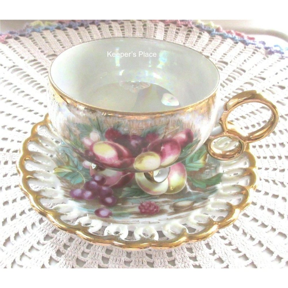Royal Sealy 3 Footed Double Wedding Ring Handle Cup Pierced Edge Saucer Fruit